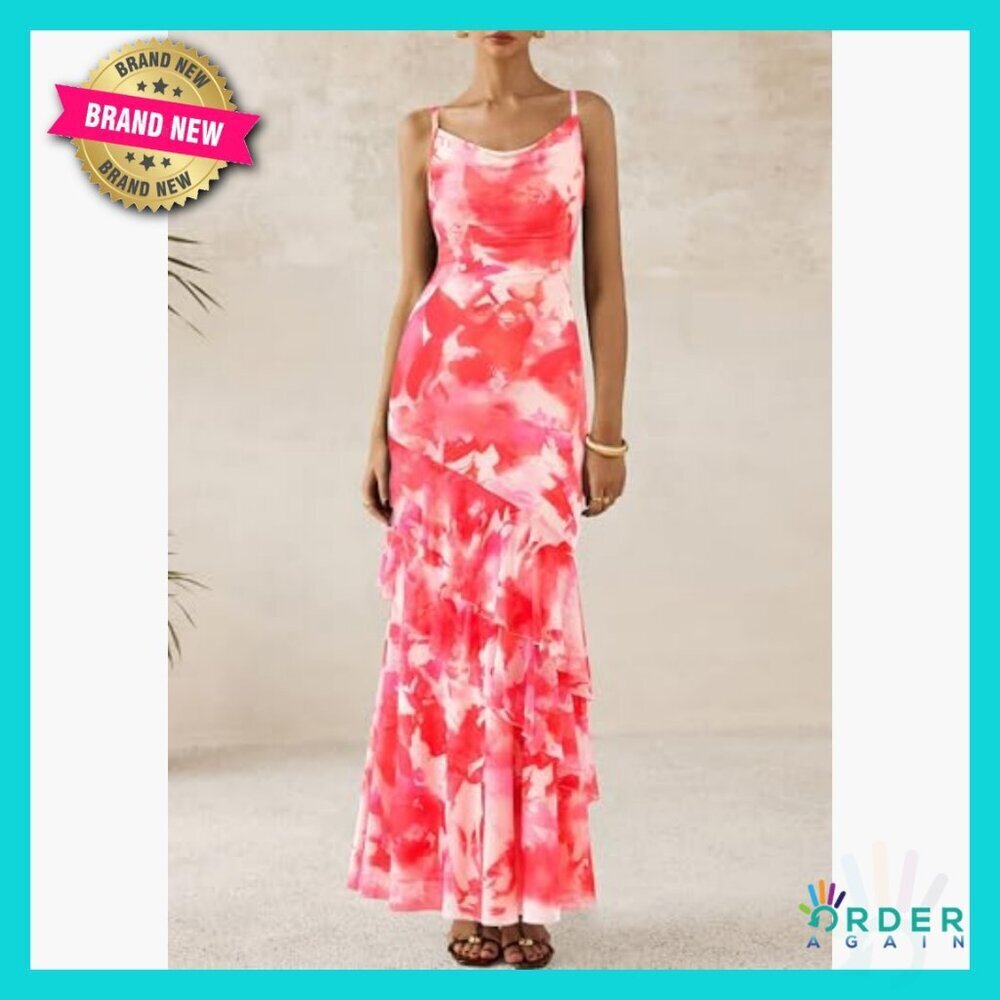 Floral Maxi Dress Tiered Spaghetti Strap Bodycon Beach Wedding Guest Elegant - Picture 3 of 7